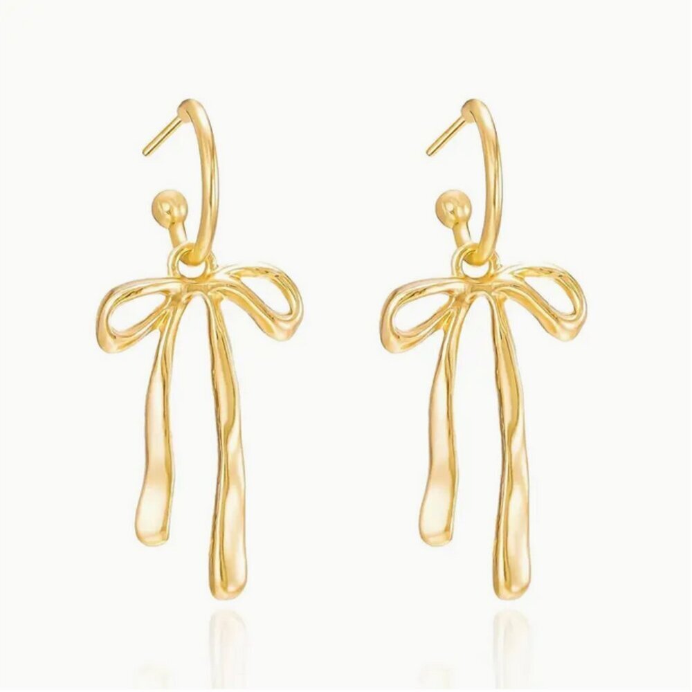 Delicate Gold Bow Dangle Stud Earrings - Picture 5 of 6